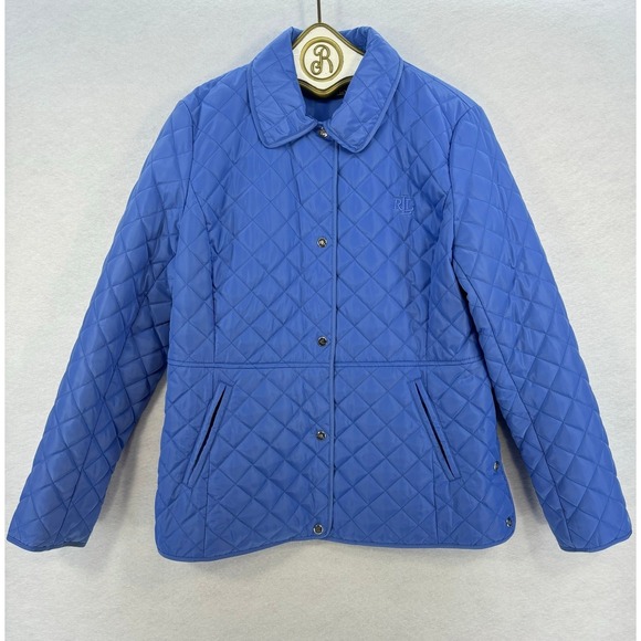 Ralph Lauren Quilted Jacket Women's LARGE Blue Long Sleeve Button Front Coat - Picture 1 of 13
